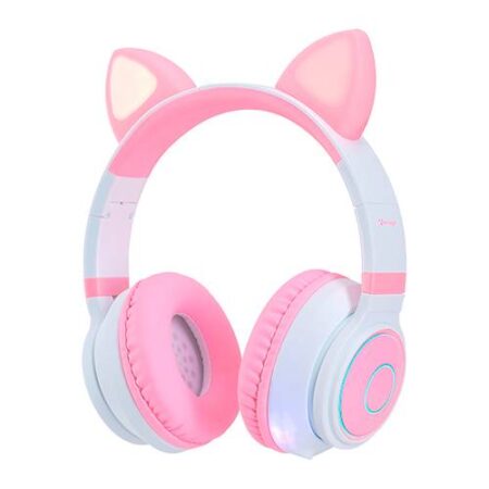 Diadema Audifono Inalambricos Vorago Hpb-300K, 3.5Mm/Kitten/Bluetooth/USB-C/Rgb/6Hrs/Color Rosa-Blanco