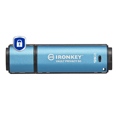 MEMORIA USB 128GB KINGSTON IKVP50/128GB, IRONKEY VAULT PRIVACY 50, USB-A 3.2, COLOR AZUL