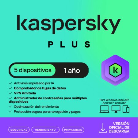 Esd Kaspersky Plus (Internet Security) / 5 Dispositivos / 3 Cuentas Kpm / 1 Año / Base, Kl1042Zdefs