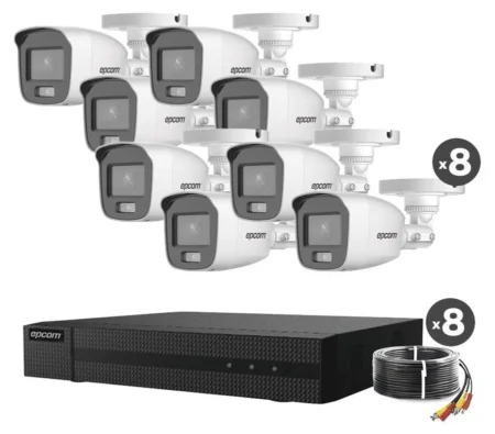 Kit Dvr 8 Canales Epcom B8-Kit8-Cv/A 1080P/8 Camaras Bala Colorvu Con Microfono Integrado/Fuente De Poder/Accesorios De Instalacion