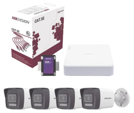 Kit Nvr 4 Canales Hikvision Kit4Mp/4B/1Tb IP 4 Megapixel/4 Puertos PoE/4 Camaras IP Bala Dual Light/Con Microfono Integrado/Bobina De Cable De 100 M/SSD De 1Tb