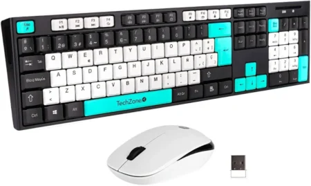 Kit Teclado Y Mouse Inalambrico Techzone Tzaccbi15 105 Teclas/3 Botones/1000 Dpi/Color Negro C/Azul Menta Y Blanco