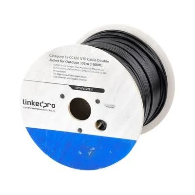 Bobina De Cable De 305M Cat5E, Aleacion De Cobre Y Aluminio Linkedpro Ep-Cat-5E-V2-Ext Color Negro, Uso Intemperie, Doble Forro