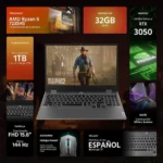 LAPTOP LENOVO LOQ 15ARP9 15.6″/AMD RYZEN 7-7435HS/16GB RAM/512GB SSD/USB-C/HDMI/RJ45/USB-A/NVIDIA GEFORCE RTX 4070/WINDOWS 11 HOME/COLOR NEGRO/83JC009CUS