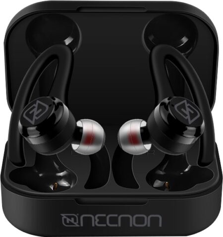 Audifonos In-Ear Bluetooth 5.1 True Wireless Sonido Hi Fi 30Mah Caja De Carga 200Mah Indicador 4 LED Con Orejera Anti Caida Negro / Rojo -