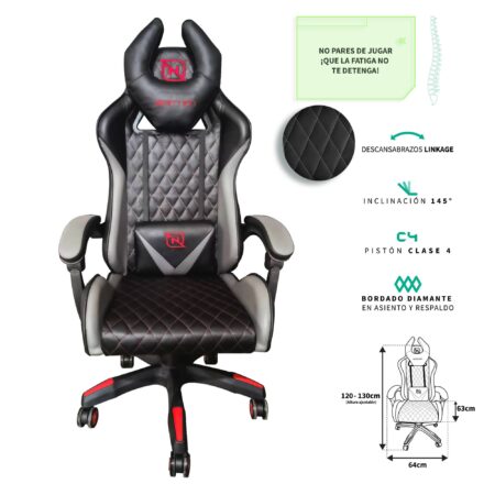Silla Gamer Inclinacion Respaldo 145° Clase 4 140-150Kg Ngs-01 Foam 350Mm 63Cm64Cm121-131Cm Rueda 5 Pulgadas Cojin Lumbar Y Cabeza Gris/Rojo –