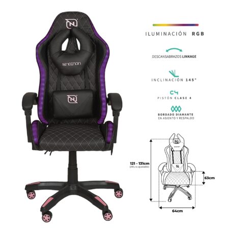 Silla Gamer Necnon Rgb Nsg-Rgb1/Inclinacion 145°/Clase 4/140-150Kg/Cojin Lumbar-Cabeza/Negro-Rosa Fuscia/Nbsgr128Rg