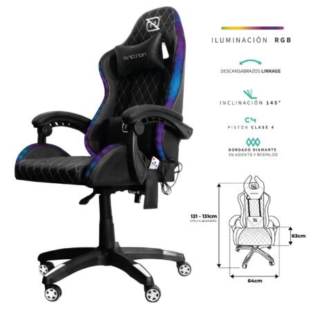 Silla Gamer Necnon Rgb Nsg-01 Clase 4/140-150Kg/Cojin Lumbar-Cabeza/Neg-Bla, Nbsgr132Rg