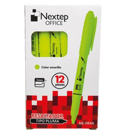 Caja C/12 Piezas De Marcadore Resaltador Nextep Ne-084A Tipo Pluma Punta Cincel/Color Amarillo