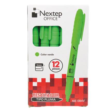 Caja C/12 Piezas De Marcador Resaltador Nextep Ne-084V Tipo Pluma Punta Cincel/Color Verde