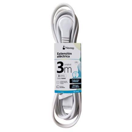 Extension Electrica Nextep Ne-244T De 3M/Con 3 Contactos Polarizados/16Awg/Clavija Plana/Blanca