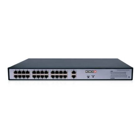 Switch-PoE 24 Puertos – 2 Puertos Uplink Giga-Cobre/Fibra, 300W Total, Hasta 250Mts, Fuente Poder Interna.
