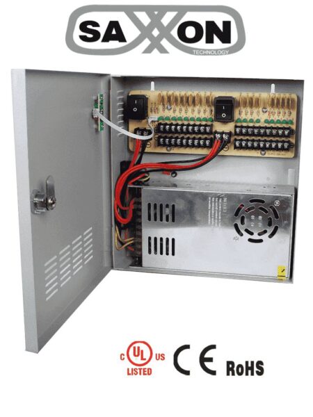Saxxon Psu1230D18 – Fuente De Poder 12 Vcd / 30 Ampers/ Para 18 Camaras/ 1.67 Amperes Por Canal/ Protección Contra Sobrecargas/ Certificación Ul