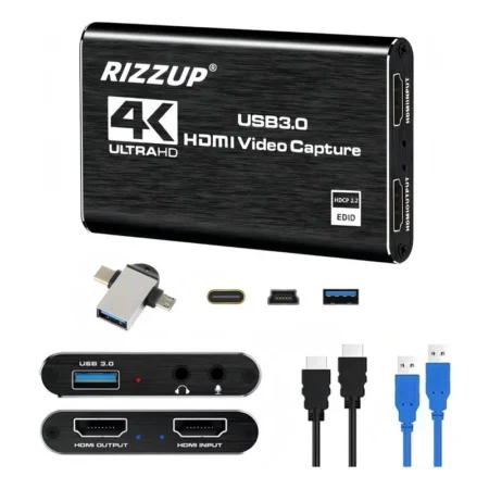 CAPTURADORA DE VIDEO RIZZUP RZ-4KCAP USB 3.0/HDMI 4K/1080P/ COMPATIBLE CON ANDROID/LINUX/WINDOWS/MACOS/INCLUYE CONVERTIDOR TIPO-C