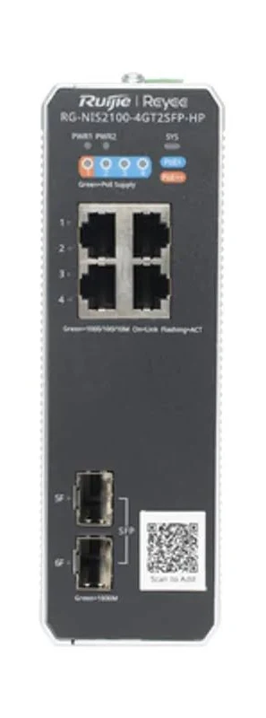 Switch Industrial PoE Ruijie, 4 Puertos Gigabit PoE 802.3 Af/At, 2 Puertos Sfp Administrable Cloud, Rg-Nis3100-4Gt2Sfp-HP