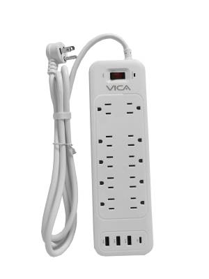 Centro De Carga 9P Vica Para Protección Contra Sobretensiónes, 10 Nema 5-15R Con Supresor De Picos, 3 Puertos USB-A Y 1 USB-C. -Montaje Pared