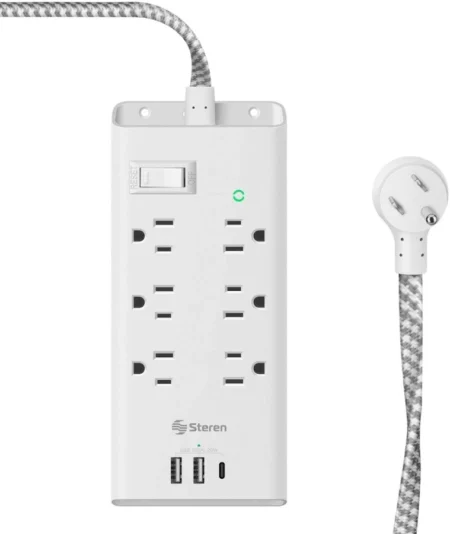 Barra Multicontacto Steren Shome-300 Wi-Fi, 4 Salidas Horizontales, 3 Cargador USB