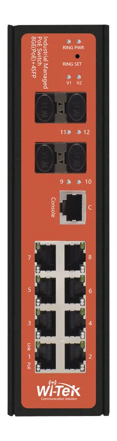 Switch Industrial Wi-Tek Wi-Pms312Gf-I 8 Puertos/Administrable PoE/Puerto 1-2 PoE 24V/48V/Puertos 3-8 Puertos 802.3 Af/At/Bt/240W/Color Negro