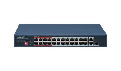 Switch PoE+ Hikvision Ds-3E0326P-E/M(C) 24 Puertos 10/100 Mbps PoE+/2 Puertos 1000 Mbps Uplink/1 Puerto Sfp Uplink/No Administrable/Hasta 300M/230W