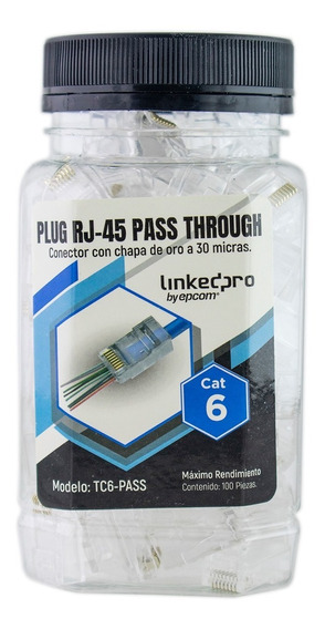 Bote C/50 Plugs Pass Through RJ45 Cat6 Sin Blindaje, Con Alivio De Tension Incluido, Chapado De Oro A 30 Micras Para Durabilidad Extrema, Tc6-Passr