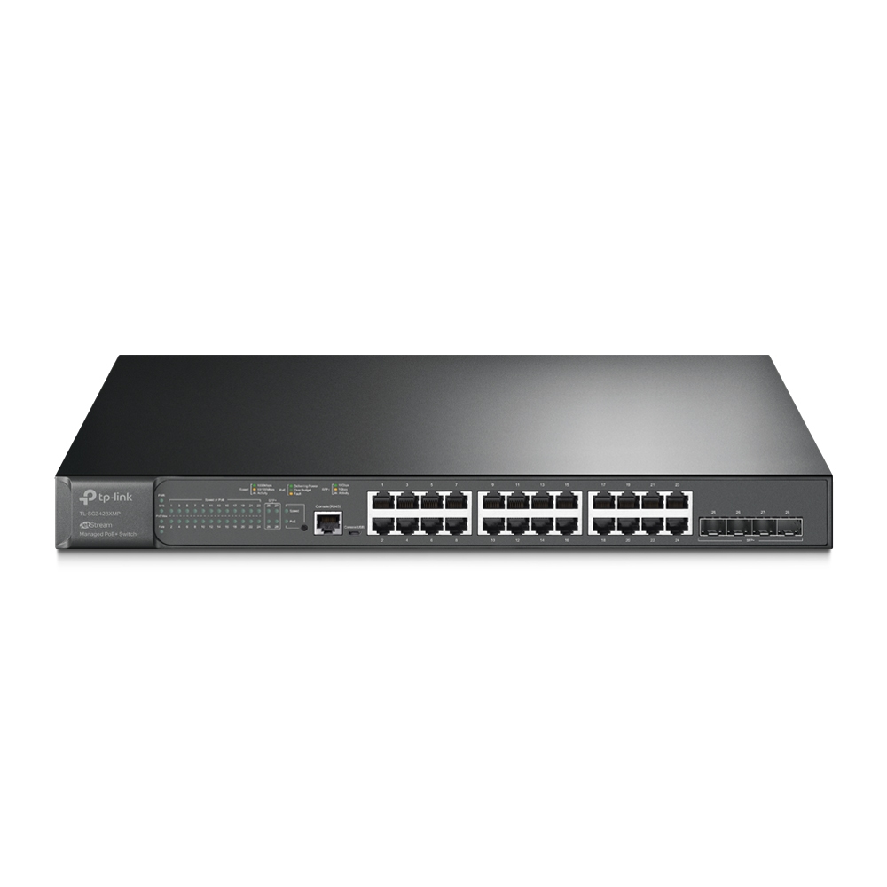 SWITCH TP-LINK POE TL-SG3428XMP + JETSTREAM SDN ADMINISTRABLE 24 PUERTOS 10/100/1000 MBPS + 4 PUERTOS SFP+, 24 PUERTOS POE+, 384W, ADMINISTRACION CENTRALIZADA OMADA SDN