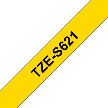 Etiqueta Amarilla Continua Laminada Con Adhesivo Super Resistente Brother Tzes621 – De 9 Mm De Ancho X 8 Mts De Largo. Impresión En Negro.
