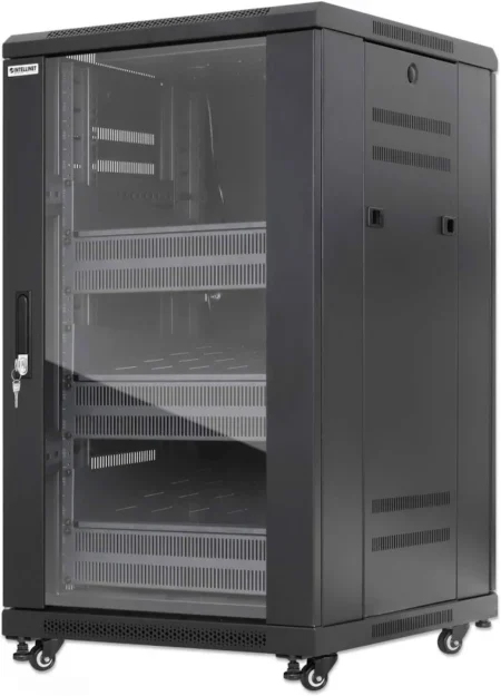 Gabinete De Red 19 Pro Line Con Extractores De Aire – 18U, Ensamblado, Incluye Accesorios, 800Kg, 600X600, Intellinet 716222