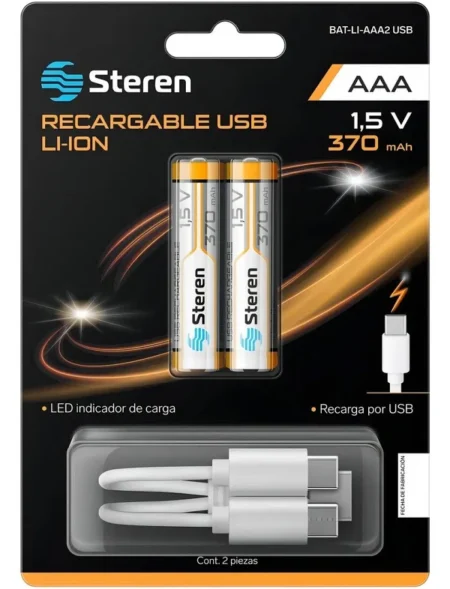 Bateria Recargable Steren Bat-Li-Aaa2 USB “Aaa” 2 Piezas, 1.5V, 370 mAh