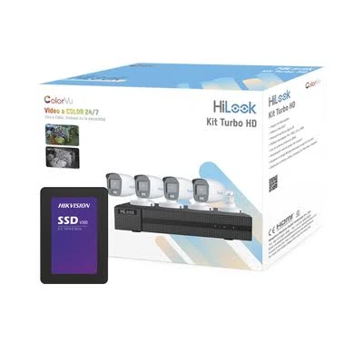 Kit Dvr 4 Canales Hikvision Turbohd 1080P, SSD De 300Gb, 4 Camaras Bala Colorvu Con Microfono Integrado, Fuente De Poder, Accesorios De Instalacion, Hk-E-1080-Cv/A