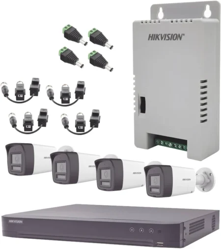 Kit Dvr 4 Canales Hikvision Kh-4K-4B-Twa 1080P/Audio Bidireccional Turbohd 4K-3K/4 Camaras Bala/Con Bocina Y Microfono Integrado 3K/1 Fuentes De Poder/Accesorios
