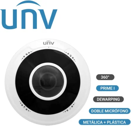 Camara IP Fisheye 360° Unv (Uniview) Ipc815Sb-Adf14K-I0/5Mpx/Lente 1.4Mm/Ir 10M/2Microfonos Integrados/Microsd256Gb/Ip66/PoE-Af/12Vdc