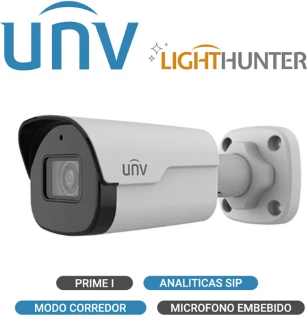 Camara Mini Bullet IP Ultra265 Unv (Uniview) Ipc2124Sb-Adf28Km-I0 4Mpx/Lente Fijo De 2.8Mm/Ranura MicroSD 256Gb/Microfono/Wdr 120Db IP67/40M Ir/Metalica/Modo Corredor/Lighthunter (Serie Prime I)