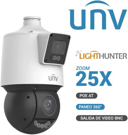 Camara IP Ptz Unv Ipc94144Sfw-X25-F40C 4Mp/25Xzoom/Ir 100/Doble Lente/30M Luz Calida/Ultra 265, H.265, H.264/Ip66/Lighthunter/Analiticas Inteligentes/12Vcd/PoE At