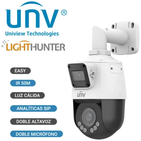 Camara Ptz Dual IP Unv (Uniview) Ipc9312Lfw-Af28-2X4 2 Mpx/4X Zoom/Lente 2.8 – 12Mm/50Mts Ir/10Mts Luz Calida/Analitica Integrada Sip/ Ip66 /Lighthunter/Wdr120Db /DC 12V, PoE At/Mircofono Y Bocina