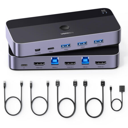 Switch Conmutador Kvm Ugreen HDMI 4K/2 Entradas/1 Salida/4 Puertos USB 3.0/HDR/Indicador LED/Compatible Win/Macos/Linux/Carcasa De Aluminio/15707