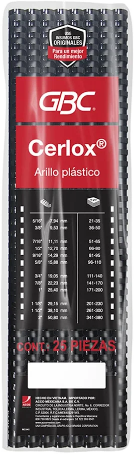 Paquete C/25 Piezas Arillo De Plastico Gbc M080319 Para Engargolar 1/2″/Tamaño Doble Carta/Color Negro