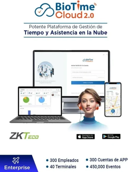 Licencia De Asistencia En La Nube Zkteco Bio Time Cloud 2.0 Enterprise/Para 300 Empleados/40 Terminales/450000 Eventos/300 Cuentas De App/Suscripcion Por Un Año