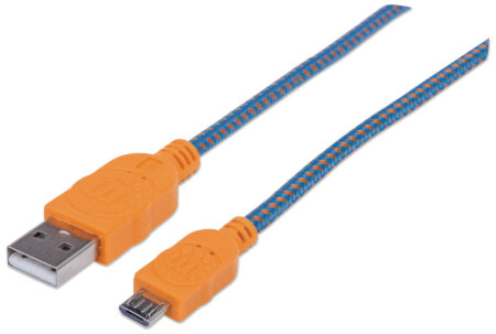 Cable USB V2.0 A-Micro B Alta Velocidad C/Recubrimiento Textil 1M Manhattan 394024 Azul/Naranja