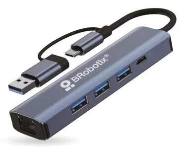 Docking 5 En 2 Brobotix 406603 Con Conector Dual USB-A Y USB-C Hembra/RJ45 Gigabit/Plateado