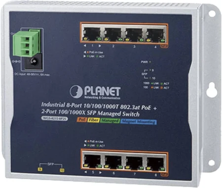 Switch Gigabit Planet Wgs-5225-8P2Sv 8 Puertos/Administrable/Industrial Flat-Type/C/PoE 802.3At/2 Puertos Sfp/LCD