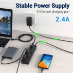 Hub De 11 Puertos Ingstek A2011/10 Puertos USB 3.0 De 5Gbps + 1 Puerto De Carga Inteligente Con Interruptor Independiente LED/Adaptador De Corriente/1M/625Mb/S/Negro