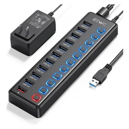 Hub De 11 Puertos Ingstek A2011/10 Puertos USB 3.0 De 5Gbps + 1 Puerto De Carga Inteligente Con Interruptor Independiente LED/Adaptador De Corriente/1M/625Mb/S/Negro