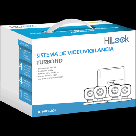 Kit Dvr 4 Canales Turbohd Hilook Hl-1080-Dl/T 1080P/4 Camaras Bala De Metal/H.265+/Fuente De Poder Profesional/Accesorios De Instalacion