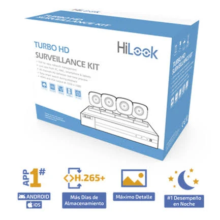 Kit Dvr 4 Canales Turbohd Hilook Hl-1080-Mc4 1080P/2.4Mm/4 Camaras Bala De Metal/H.265+/Fuente De Poder Profesional/Accesorios De Instalacion