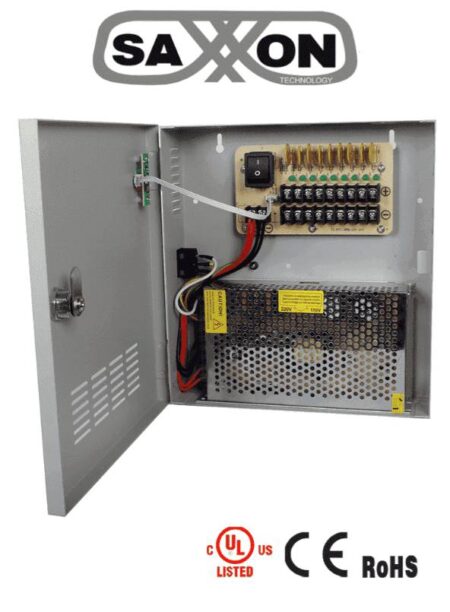 Saxxon Psu1220-D9 – Fuente De Poder De 12 Vcd/ 20 Amperes/ Para 9 Camaras/ 2.2 Amperes Por Canal/ Protección Contra Sobrecargas/ Certificación Ul