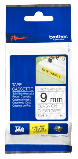 Etiqueta Clara Continua Laminada Con Adhesivo Super Resistente Brother Tzes121 – De 9 Mm De Ancho X 8 Mts De Largo. Impresión En Negro