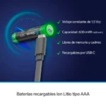 Baterias Recargables D-Bugg Aaa/4/Type-C Li-Ion Aaa/4 1.5V/600Mwh/Incluye Cable USB Con 4 Salidas