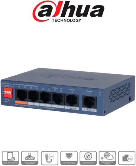 Switch Dahua Dh-Cs4006-4Et2Gt-60 De 6 Puertos/Administrable Dolink Care/Gigabit Ethernet 10/100/1000/12 Gbit/S/Negro
