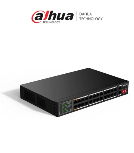 Switch Dahua Dh-Sf1026Lp De 24 Puertos PoE 10/100/ + 2 Puertos Uplink/No Administrable/Hasta 190W/24 Puertos PoE 10/100/2 Puertos Uplink 10/100/1000/Switching 8.8Gbps/Standares: Ieee802.3Af Ieee802.3At Hi-PoE/PoE Hasta 250M
